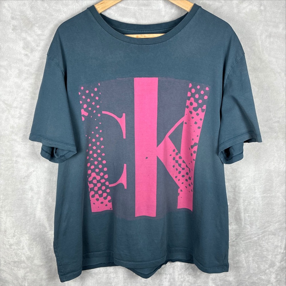 Calvin Klein Womens XL Teal Pink Leopard CK Logo Graphic Tee T-Shirt